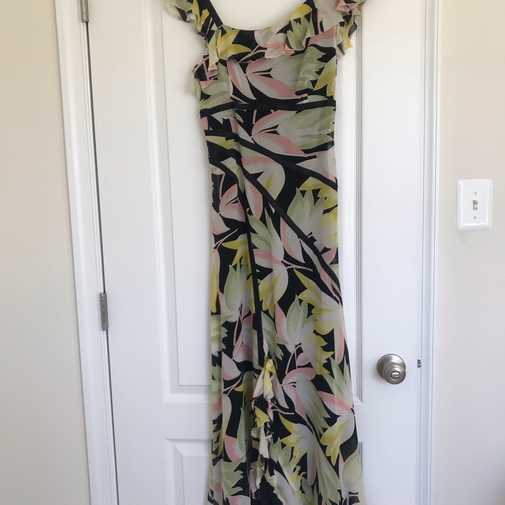 Nicole Miller Black Maxi Dress with Pink and Lime Leaf Print